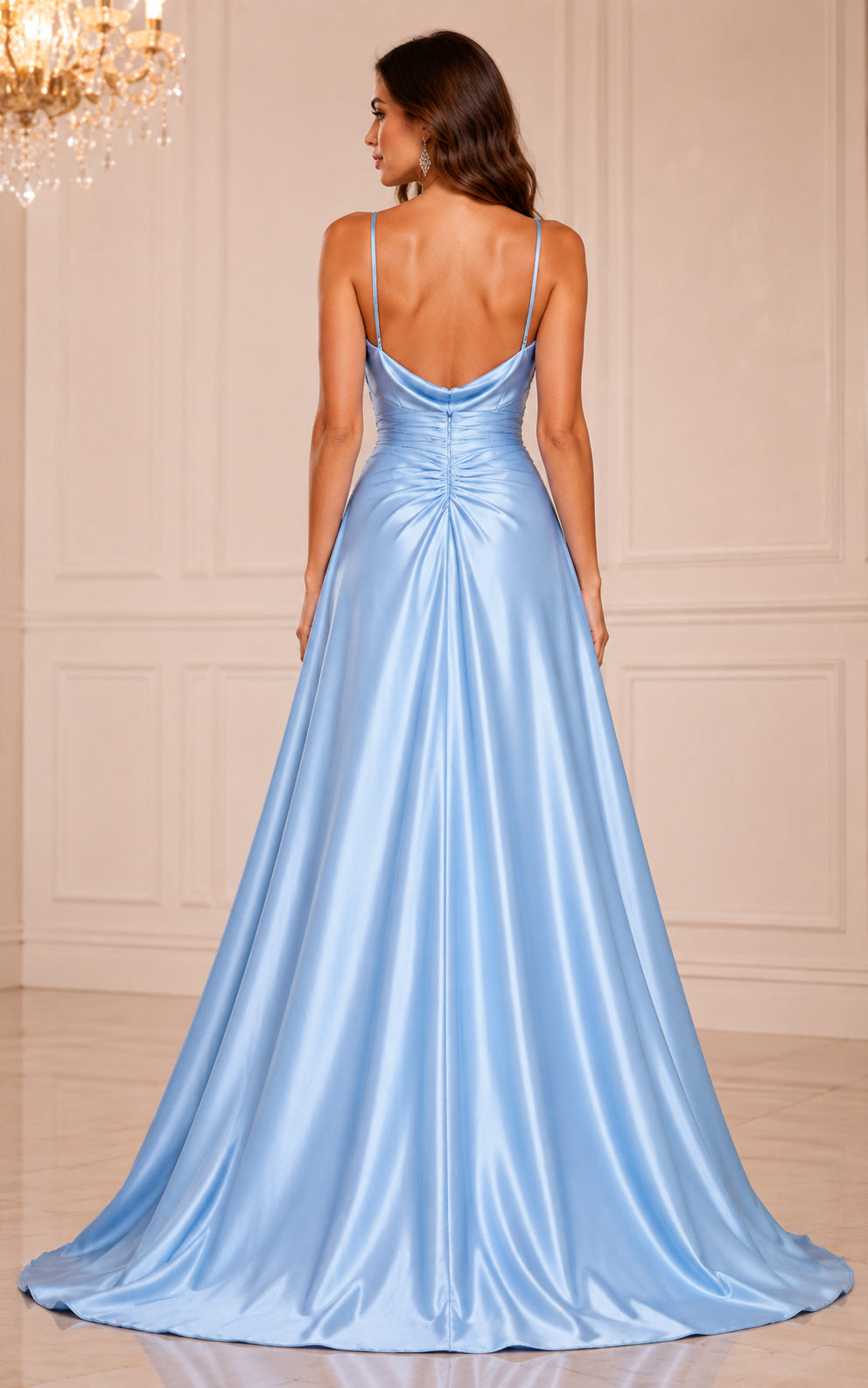 Powder Blue Satin Prom Dress with Cowl Neckline Ruched Waist A-Line Gown back view