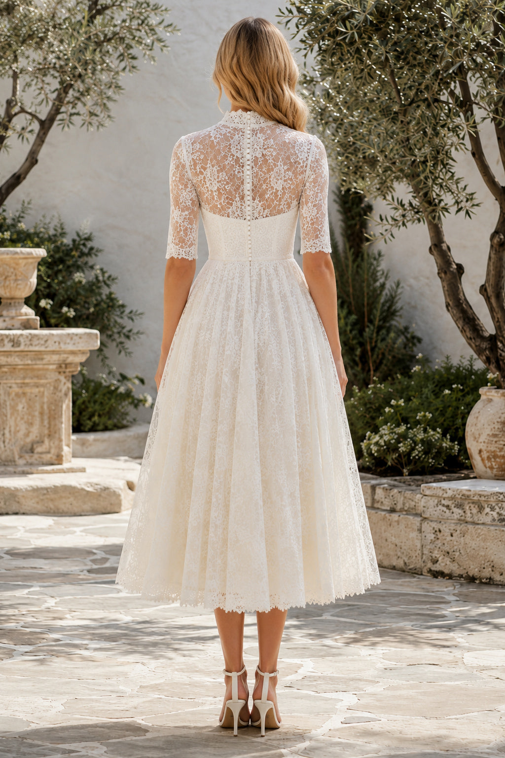 Ivory Modest High Neck Tea-Length A-Line Tea Length Tulle Wedding Dress with Half Lace Sleeves and Tea-Length Hem back view
