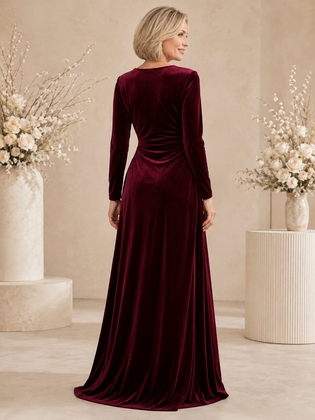 Burgundy Velvet Floor-Length A-Line Elegant Mother of the Bride Winter Gown with V-Neck Long Sleeves and Split Front back vie