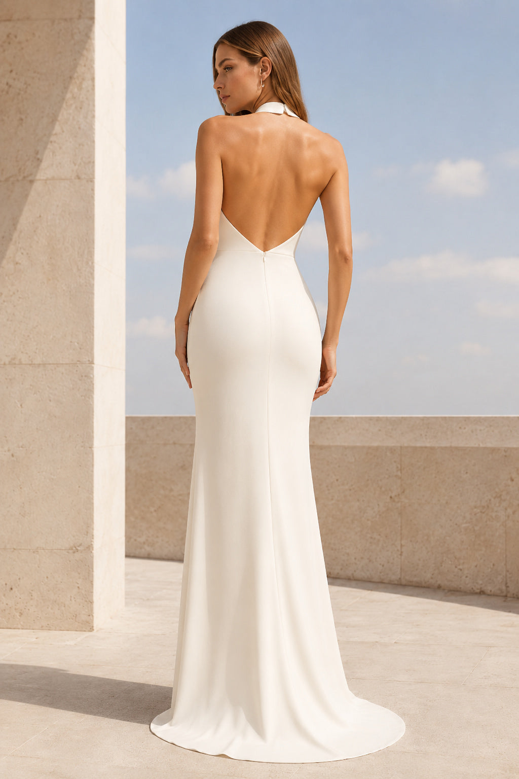 White White Halter Sheath Dress with Clean Open Back and Slim Skirt Floor Length Sheath Formal Dress back view