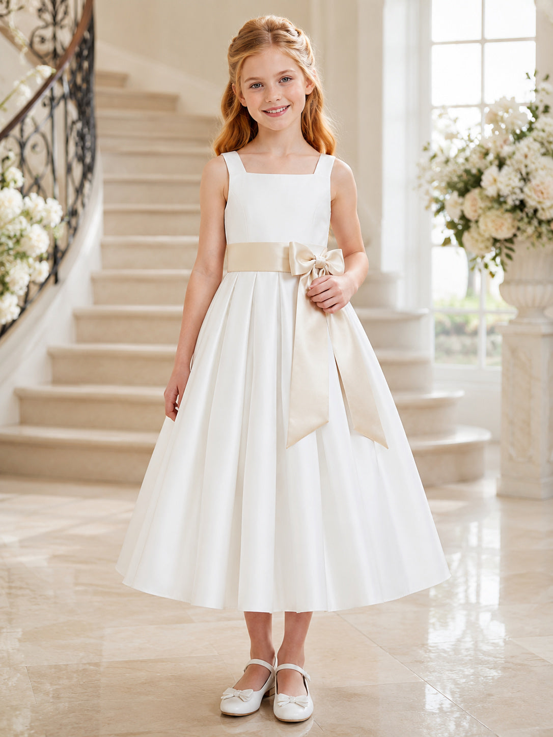 A-Line Champagne Satin Flower Girl Dress Straps Neckline Tea-length and A Satin Sash And Bow Accent front view