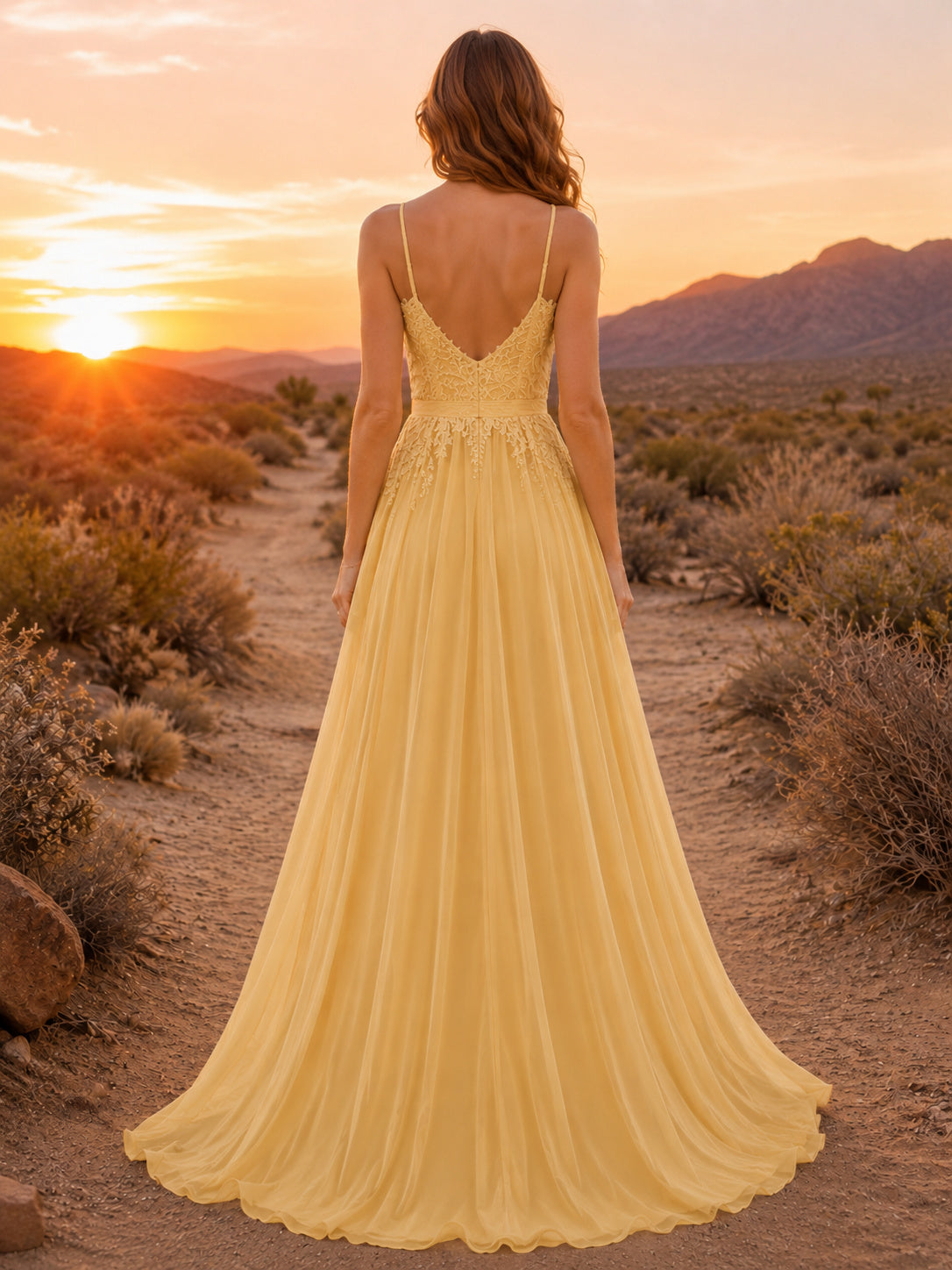 Yellow Spaghetti Strap Chiffon A Line Desert Bridal Gown back view