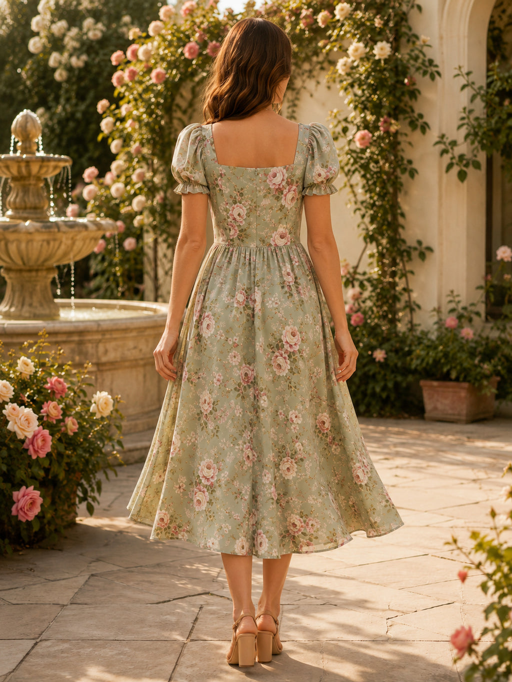 Sage floral puff sleeve A-line garden party midi dress back view