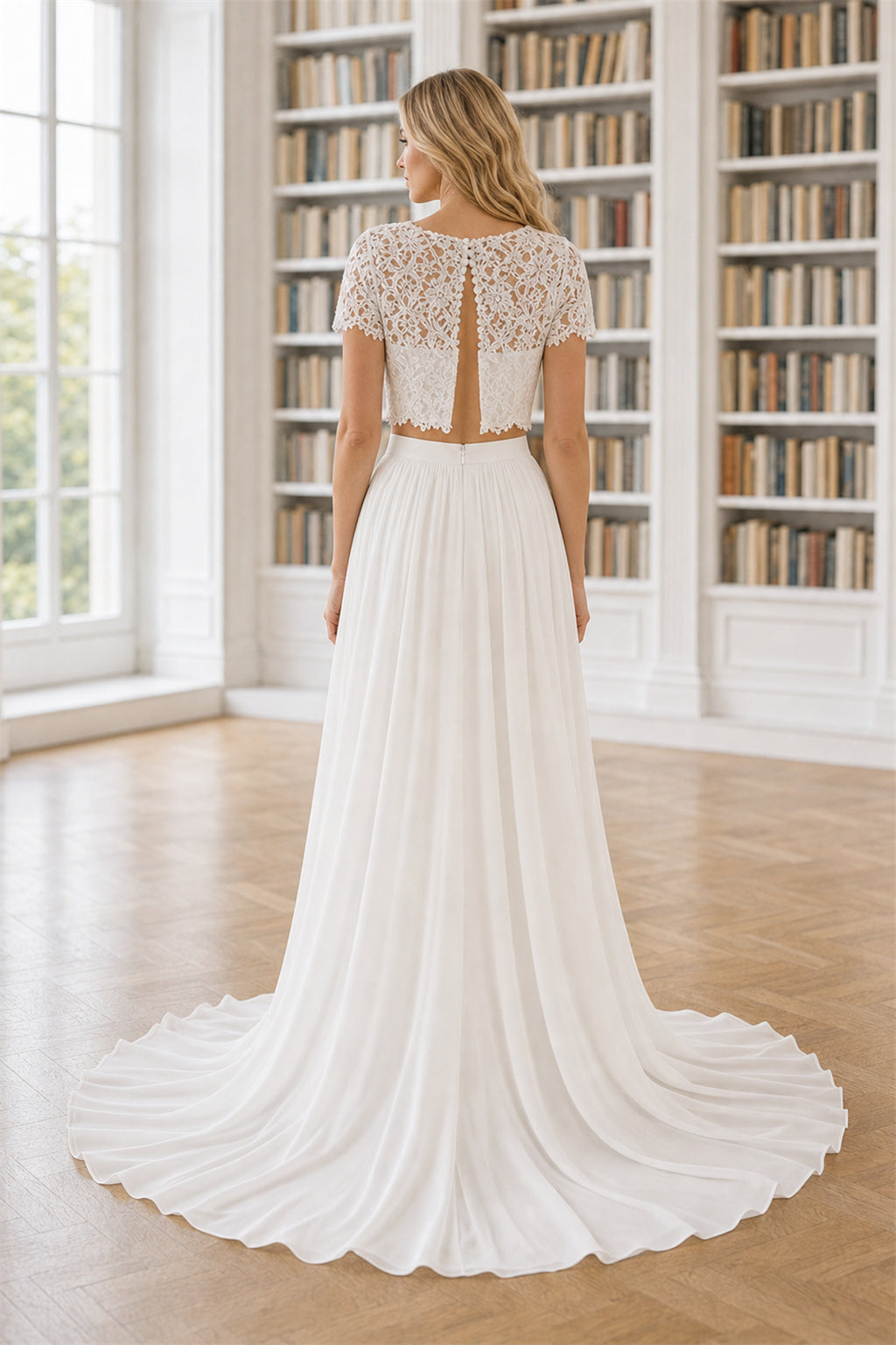 White Illusion Short Sleeves Two-Piece Chiffon, Lace Floor-length Wedding Dress With Lace and Two-Piece and Open Back