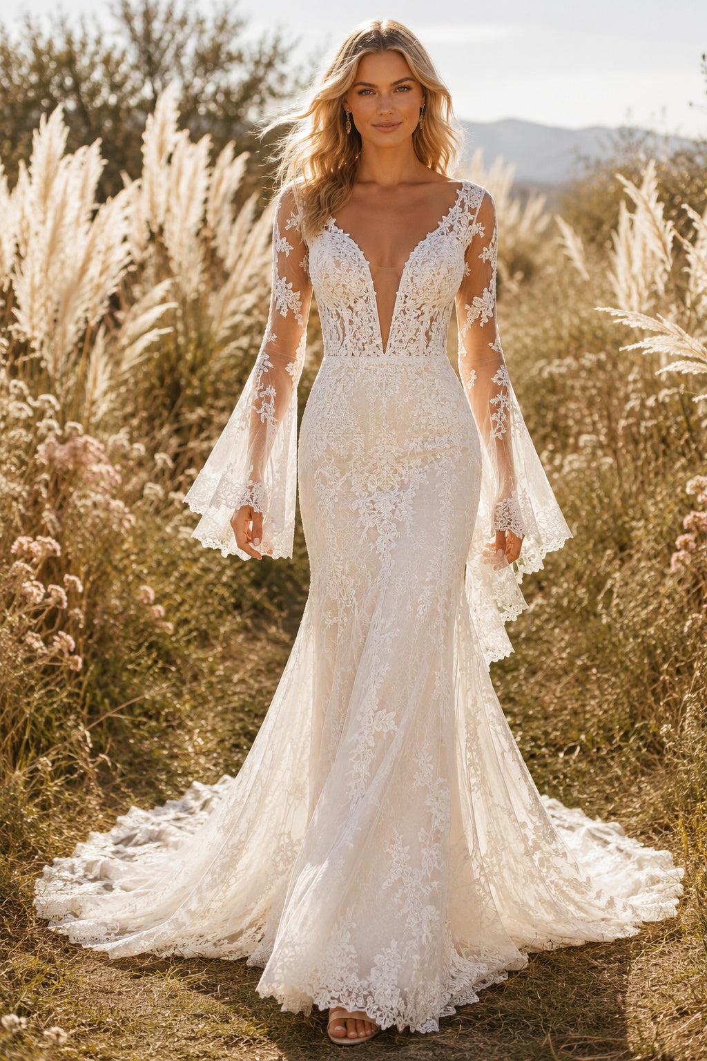 Ivory Long Bell Sleeve V-Neck Lace Mermaid Wedding Dress Train for Wedding Ceremony and Reception Style MG_701420 front view