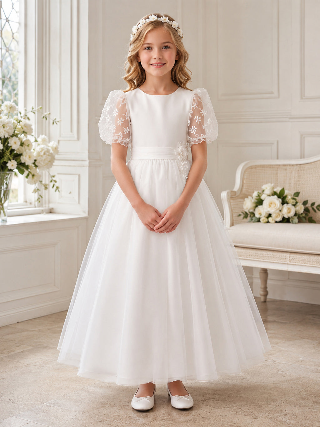 White Satin Organza Tulle Jewel Neck Short Organza Puff Sleeve Embroidered Sleeve Ankle Length Communion Flowergirl Dress fro