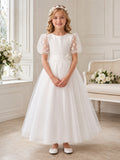 White Satin Organza Tulle Jewel Neck Short Organza Puff Sleeve Embroidered Sleeve Ankle Length Communion Flowergirl Dress fro