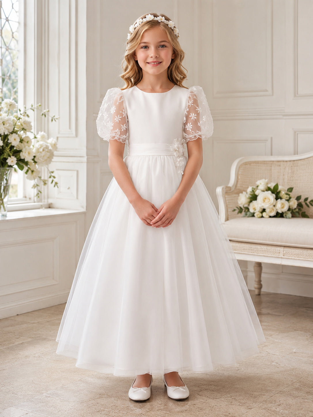 White Satin Organza Tulle Jewel Neck Short Organza Puff Sleeve Embroidered Sleeve Ankle Length Communion Flowergirl Dress fro