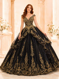Black Gold V Neck Straps Layered Embroidered Luxury Quinceanera Princess Ball Gown front view