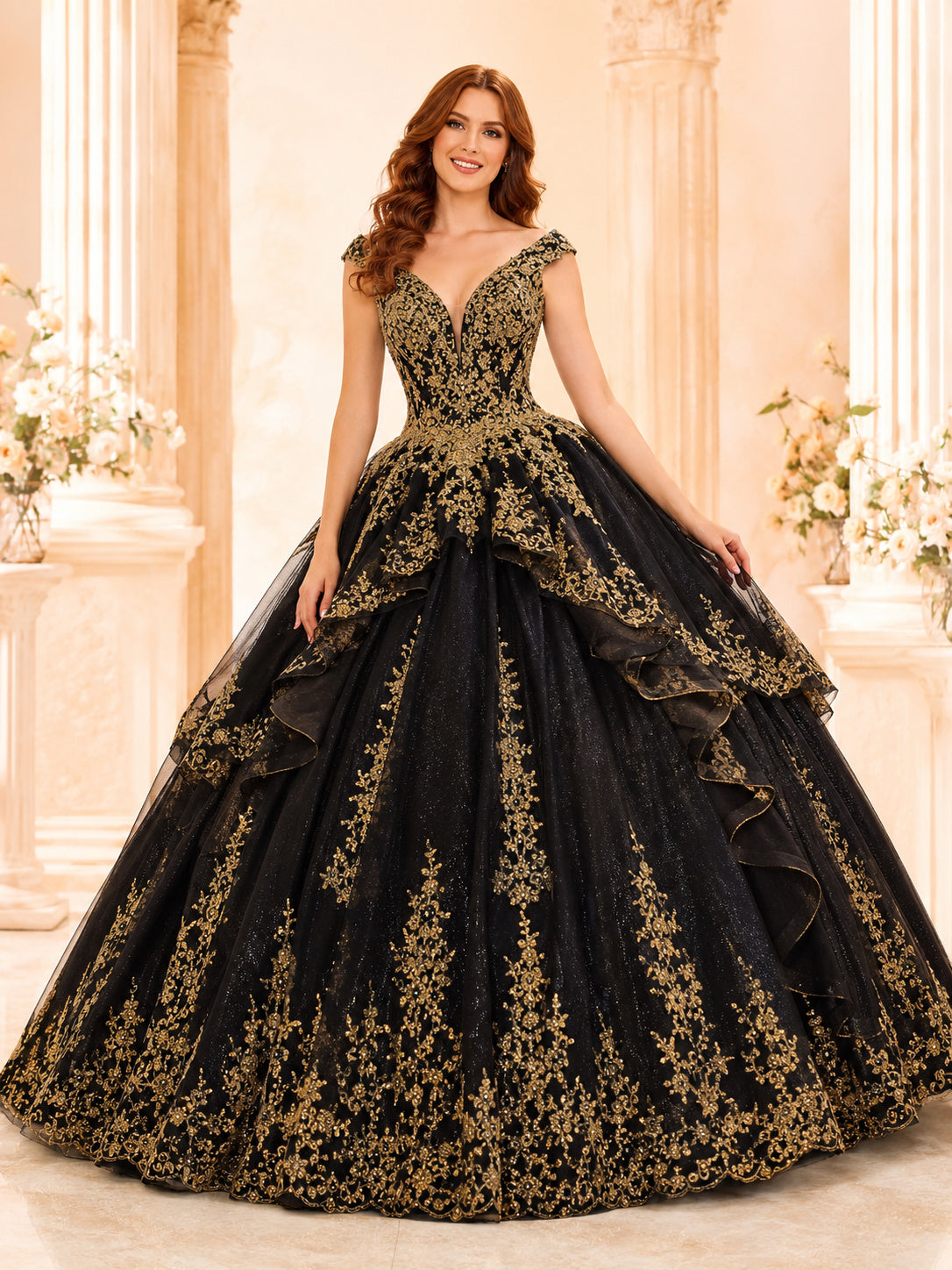 Black Gold V Neck Straps Layered Embroidered Luxury Quinceanera Princess Ball Gown front view
