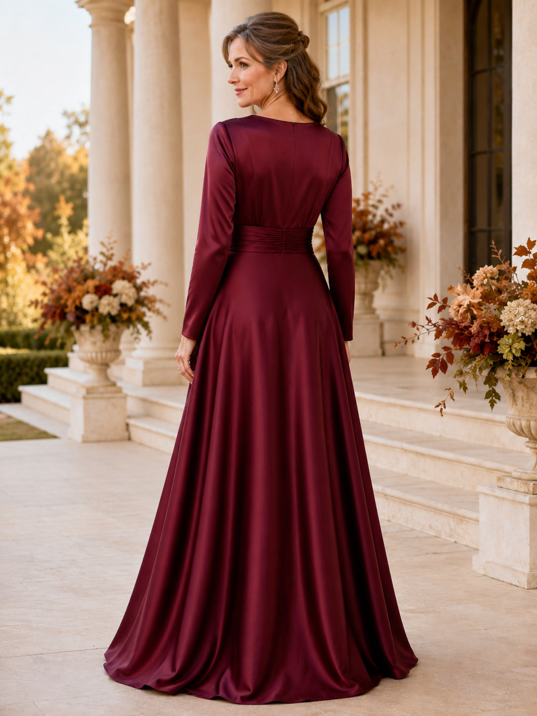 Burgundy Elegant V-Neck Long-Sleeve Wrap Satin A-Line Floor-Length Fall Estate Mother of the Groom Gown back view