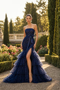 Navy Strapless Tiered Mermaid Tulle Dress