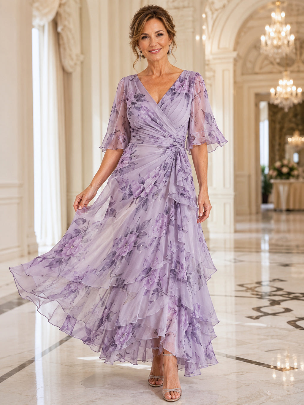 Lavender Floral V Neck Flutter Sleeve High Low Chiffon Mother Dress front view
