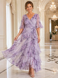 Lavender Floral V Neck Flutter Sleeve High Low Chiffon Mother Dress front view