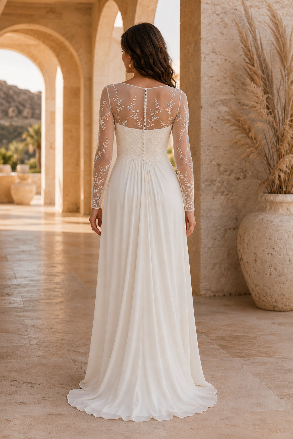 Bateau Long Sleeve Sheath Wedding Dress with Illusion Lace Sleeves and Soft Skirt back view