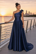 Navy One-Shoulder A-Line Satin Floor-Length Dress With Bow Shoulder