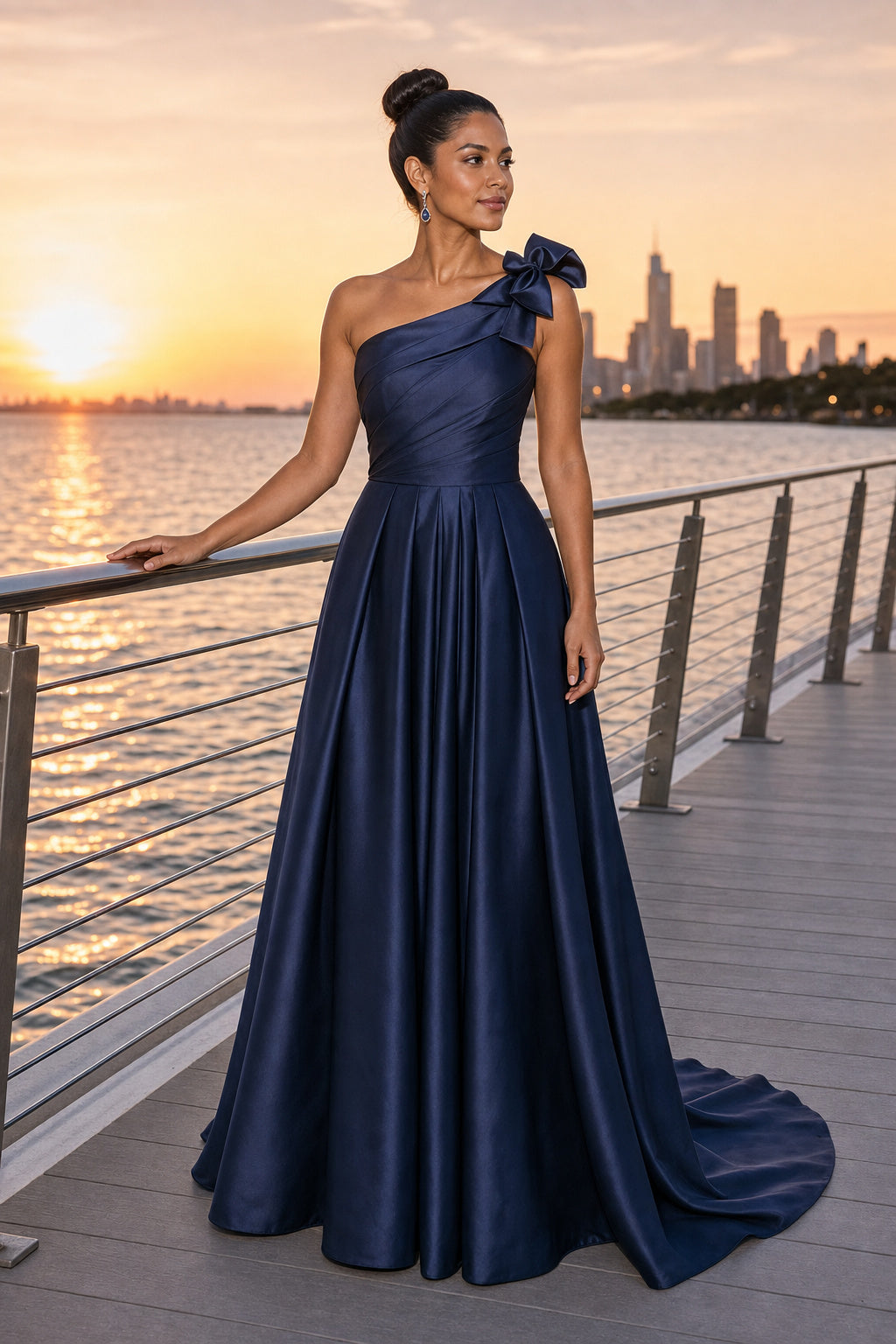 Navy One-Shoulder A-Line Satin Floor-Length Dress With Bow Shoulder