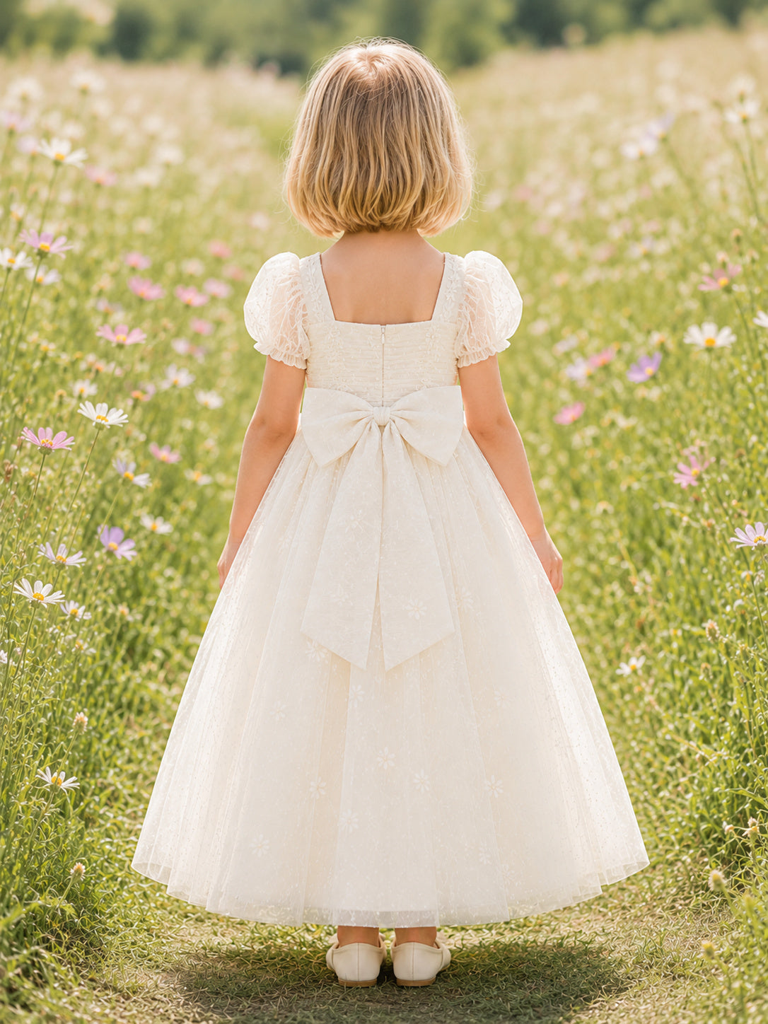 Flower Girl Dress Ivory Tulle A-Line Puff Sleeve Square Neck Tea Length Bow Back back view