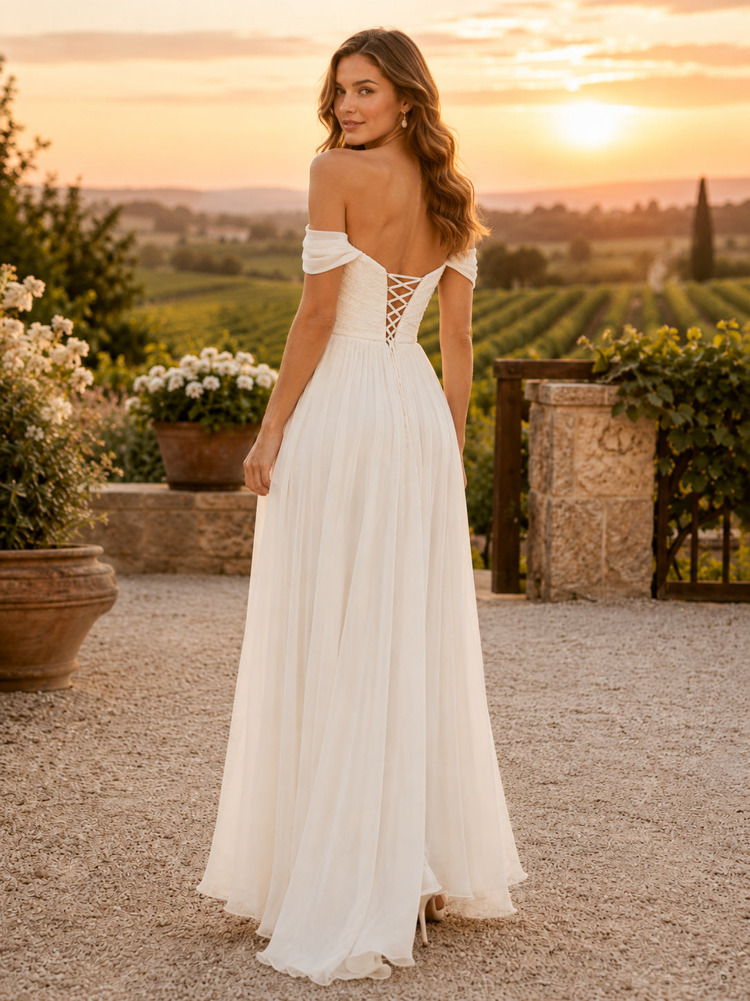 Minimalist Chiffon Wedding Dress A-Line Off Shoulder Sweep Train Lace-Up Corset Back Bridal Gown back view