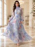 Blue Floral High Neck Long Sleeve Tiered Chiffon Maxi Dress front view