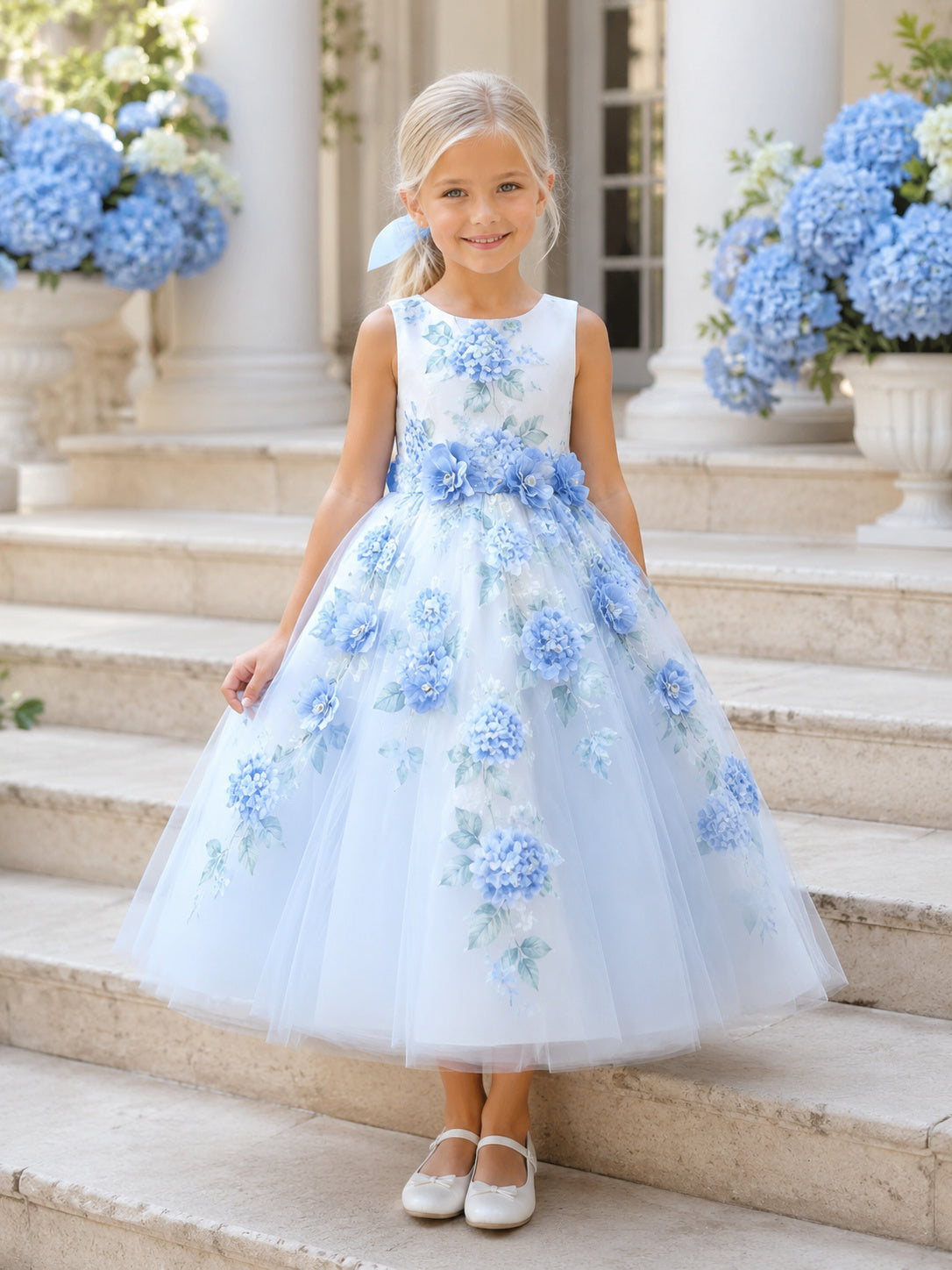 Soft Sky Blue Hydrangea Flower Girl Dress with Sleeveless Tulle A-Line, Floral Appliques, Natural Waist, and Tea-Length Flow