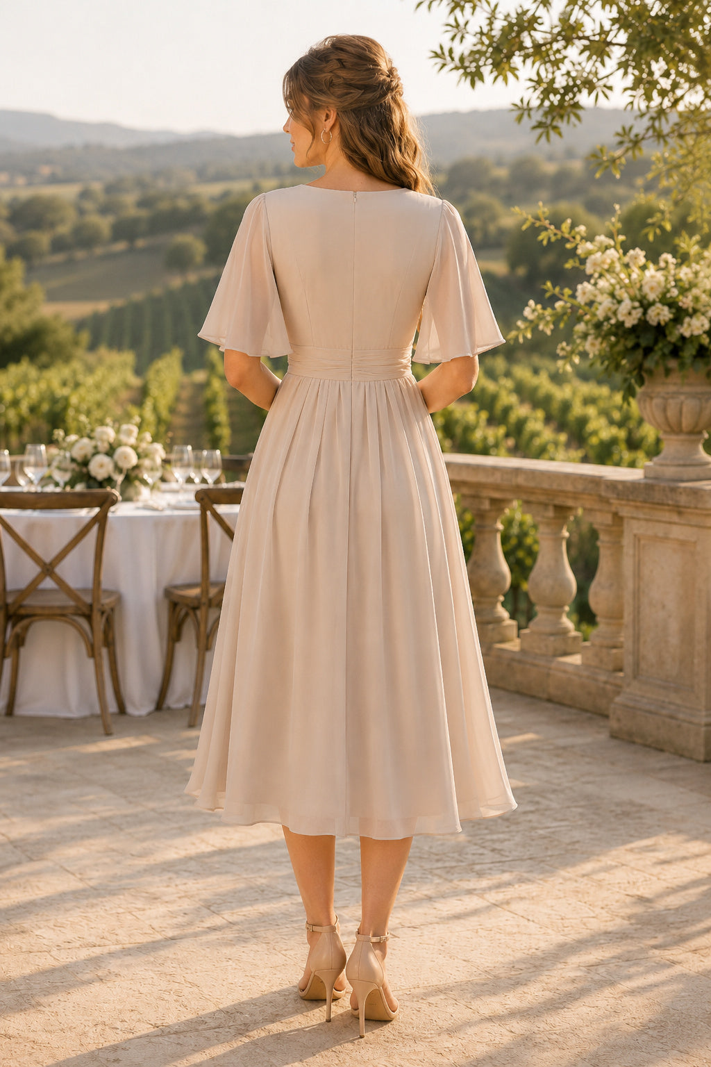 Champagne V-Neck Chiffon Tea-Length A-Line Dress back view