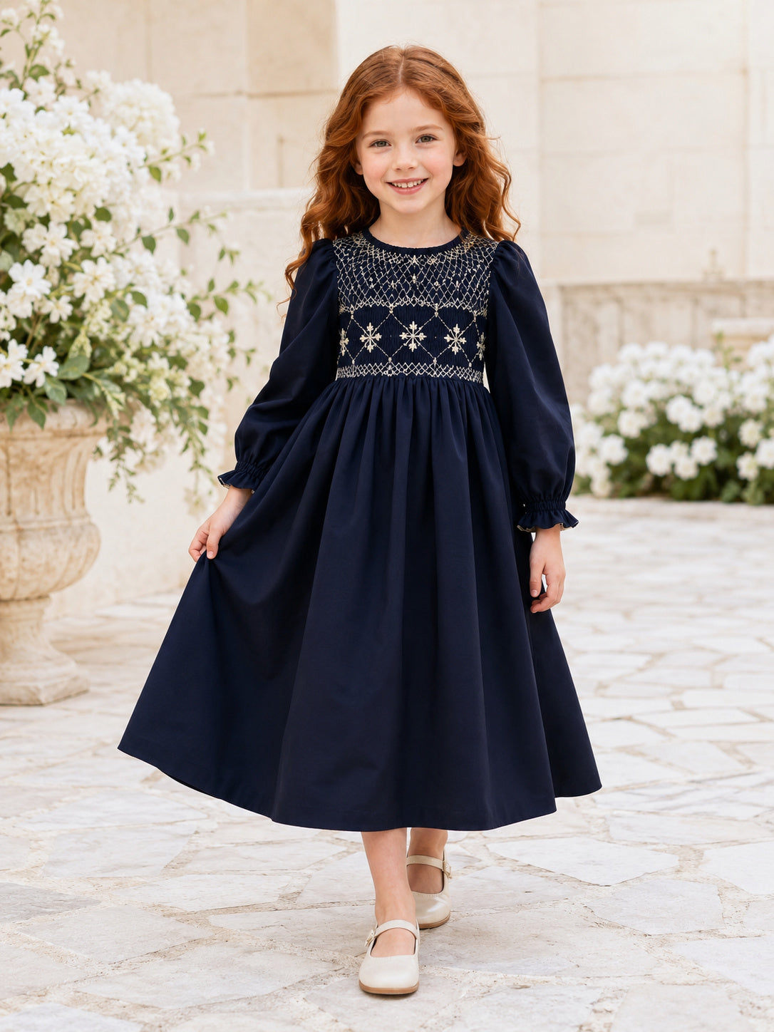 Navy Hand-Smocked Embroidered Long Sleeve Cotton A-Line Tea-Length Vintage Flower Girl Country Wedding Dress front view