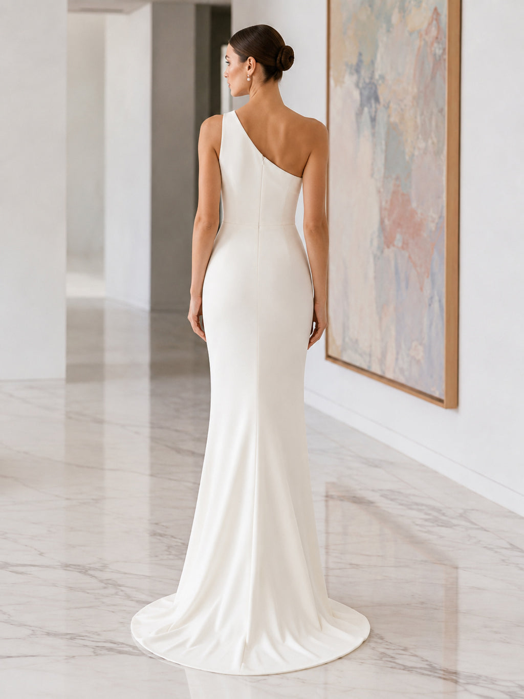 One Shoulder Minimalist Crepe Sheath Sweep Train Wedding Dress back view