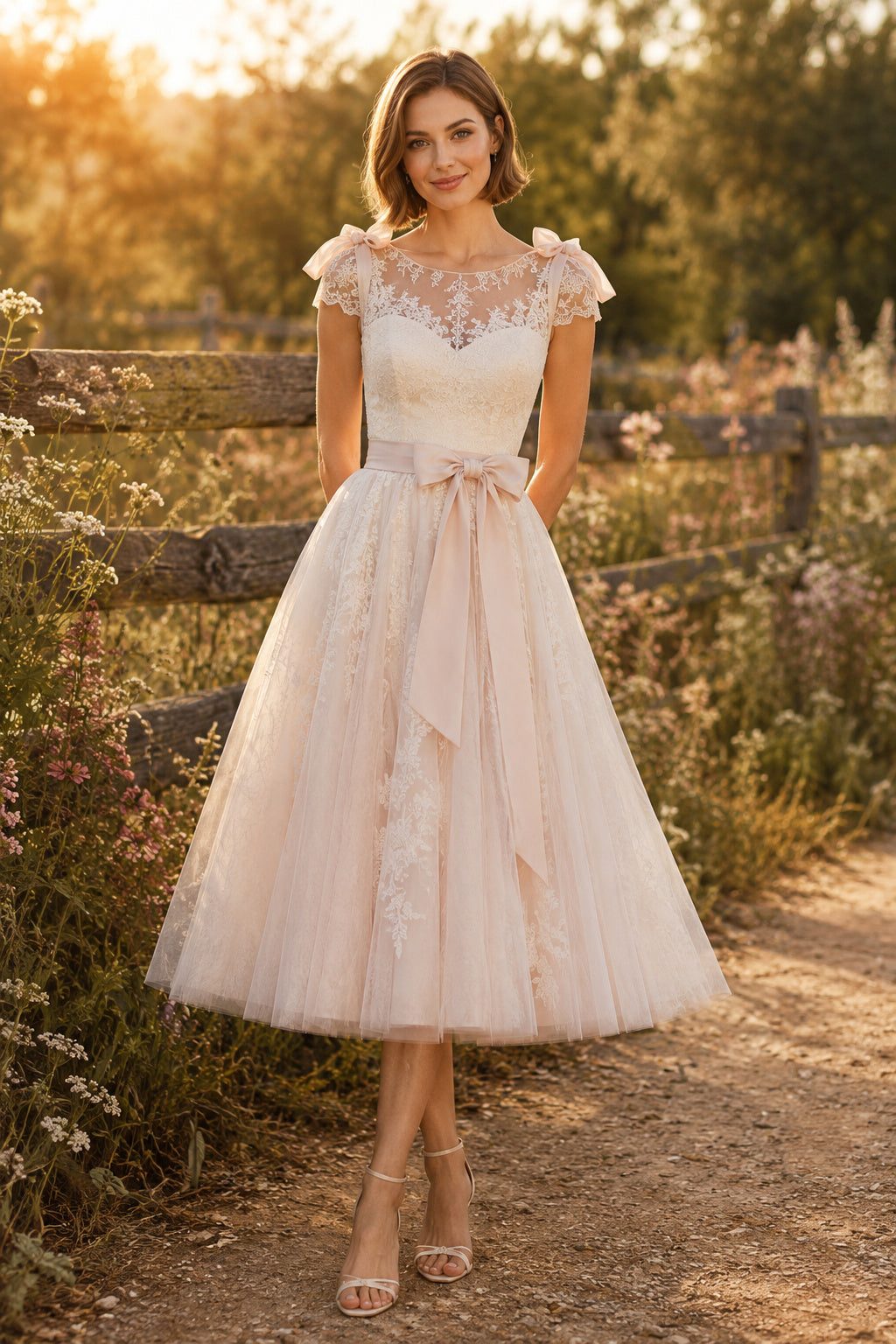 Blushing Pink Illusion Jewel Neck Cap Sleeve Lace Tulle Tea-Length Wedding Dress with Blush Sash Bow and Tulle Skirt front vi