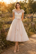 Blushing Pink Illusion Jewel Neck Cap Sleeve Lace Tulle Tea-Length Wedding Dress with Blush Sash Bow and Tulle Skirt front vi