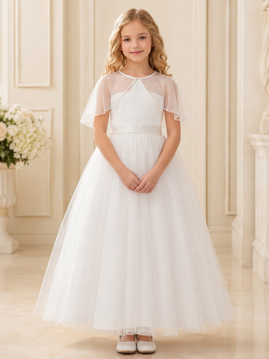 White Detachable Capelet Tulle Formal Communion Flowergirl Ceremony Dress front view