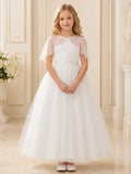 White Detachable Capelet Tulle Formal Communion Flowergirl Ceremony Dress front view