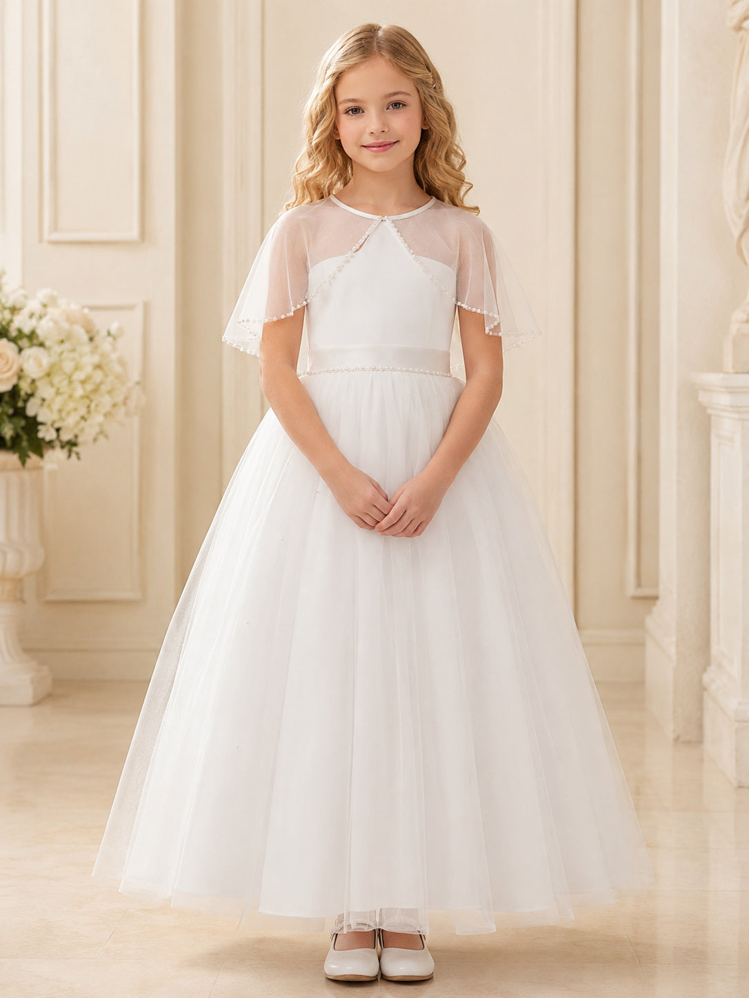White Detachable Capelet Tulle Formal Communion Flowergirl Ceremony Dress front view