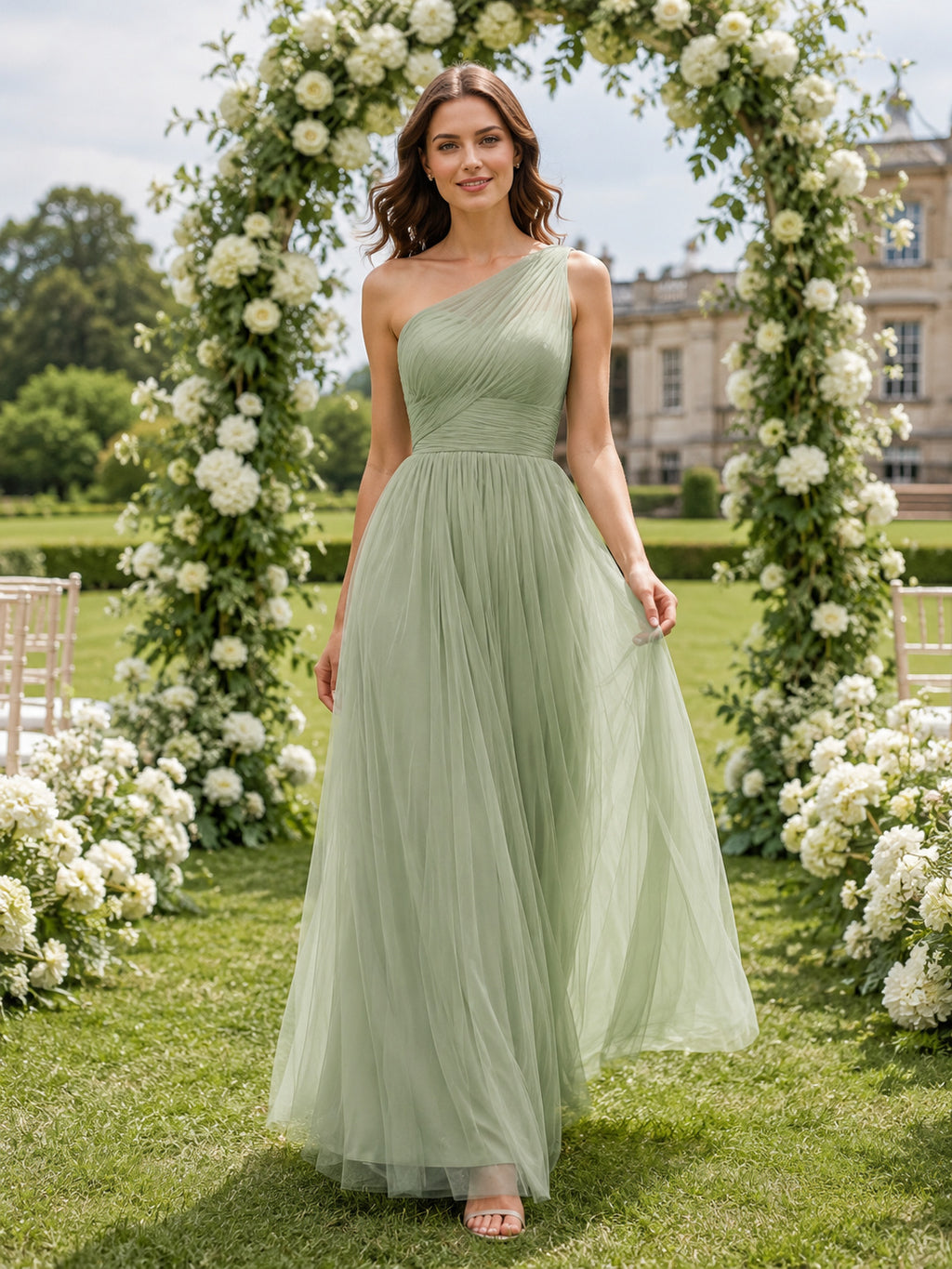 Sage One Shoulder Soft Tulle Floor Length A Line Garden Guest Dress front view