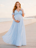 Sky Blue Maternity Beach V-Neck Flutter Sleeve Chiffon Empire Flowing Maxi Dress front view