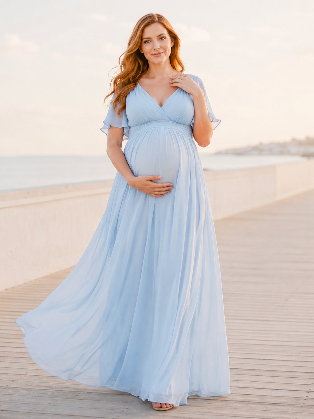 Sky Blue Maternity Beach V-Neck Flutter Sleeve Chiffon Empire Flowing Maxi Dress front view