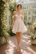 Ivory Off Shoulder Lace Tulle Mini Wedding Reception Dress for Wedding Reception and Party front view