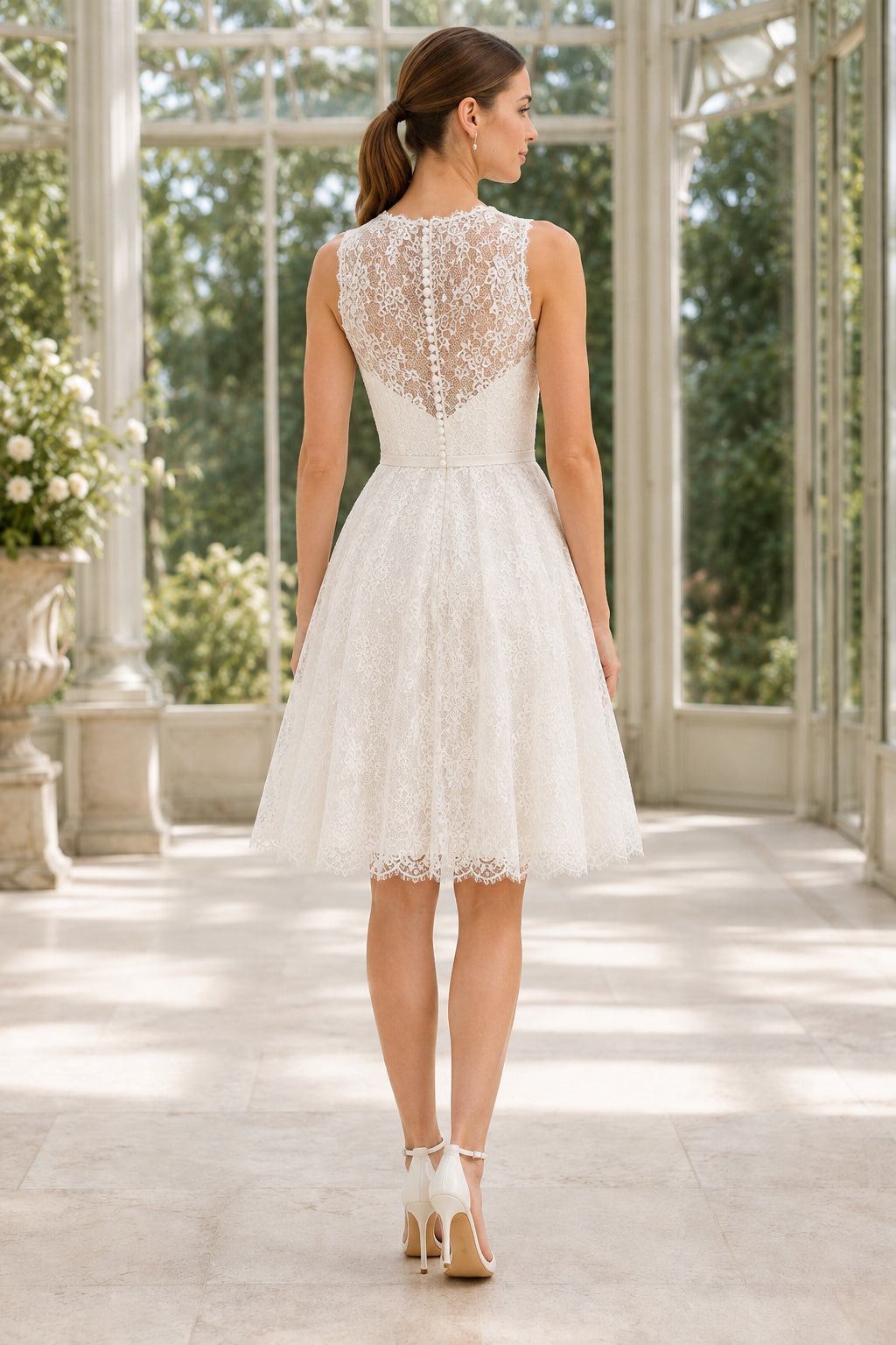 High Neck Lace Knee Length Wedding Dress Style 720176 back view