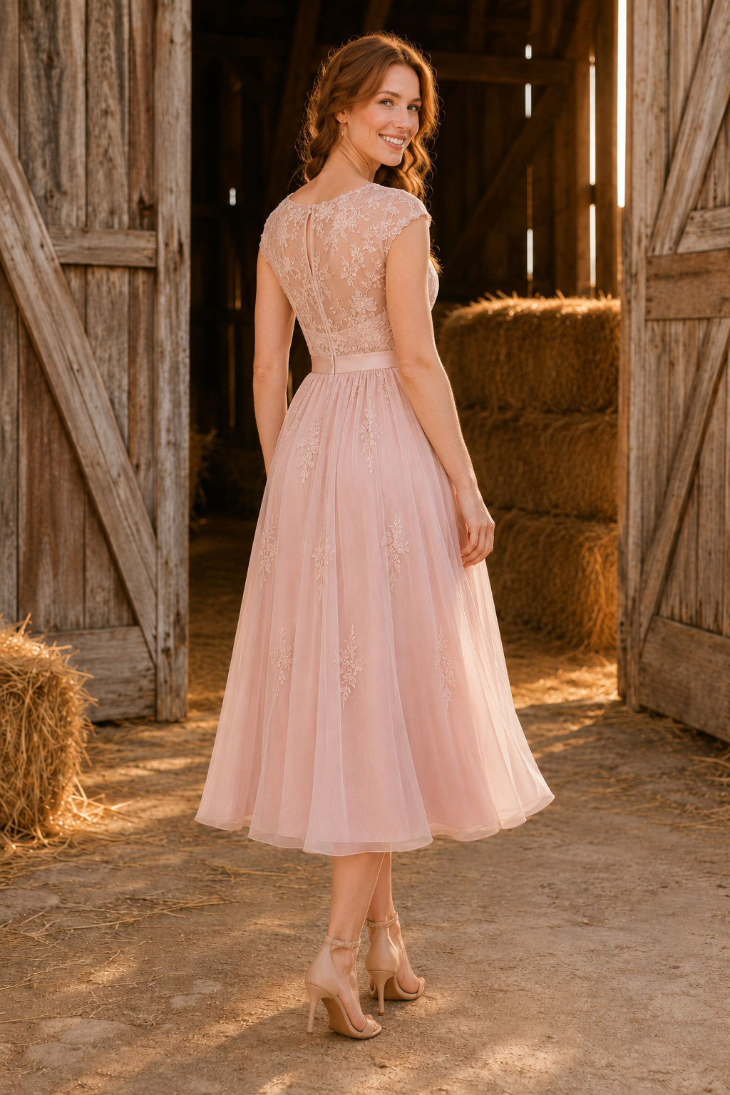 Blush Blush Lace Bodice with Cap Sleeves and Tulle Skirt Tea Length A-Line Homecoming Dress back view