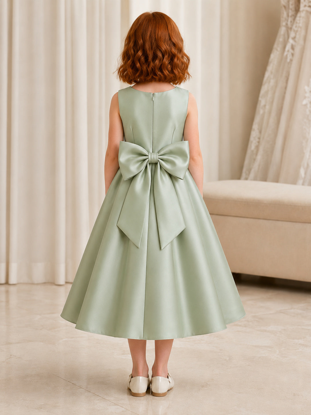 Flower Girl Dress Sage Satin A-Line Jewel Neck Tea Length Bow Back back view