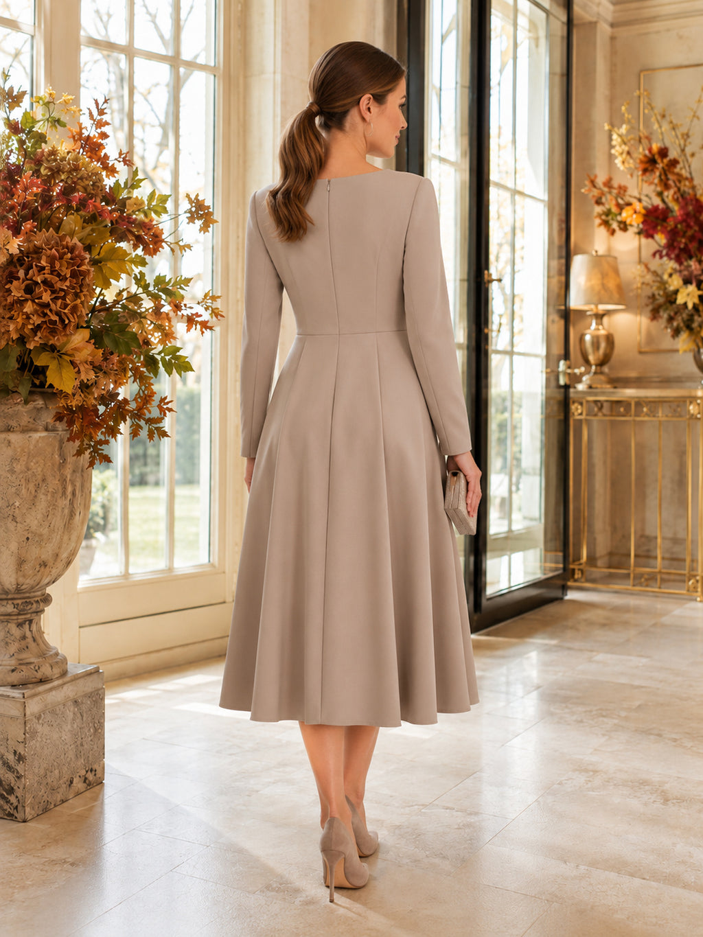 Taupe Bateau Neck Long Sleeve Tailored Midi Guest Dress back view