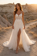 Ivory Sexy Spaghetti Neck A-Line Soft Tulle Wedding Dress with Spaghetti Straps and Sweep Train Style MG_701388 front view