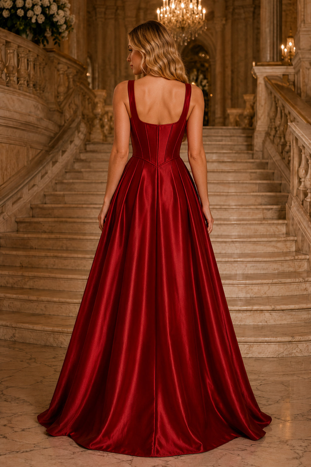Burgundy Square Neck Satin A Line Gown with Wide Straps and Sweep Train Floor Length And Sweep/Brush Train A Line Prom Dress