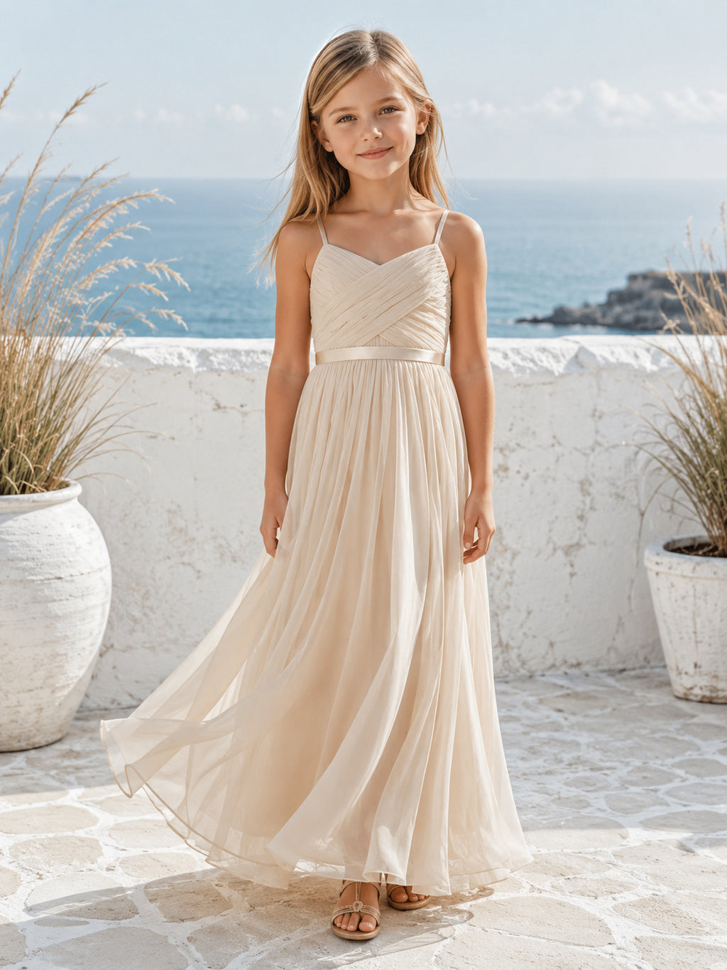 Flower Girl Dress Champagne Chiffon A-Line Sleeveless Spaghetti Strap Floor Length front view