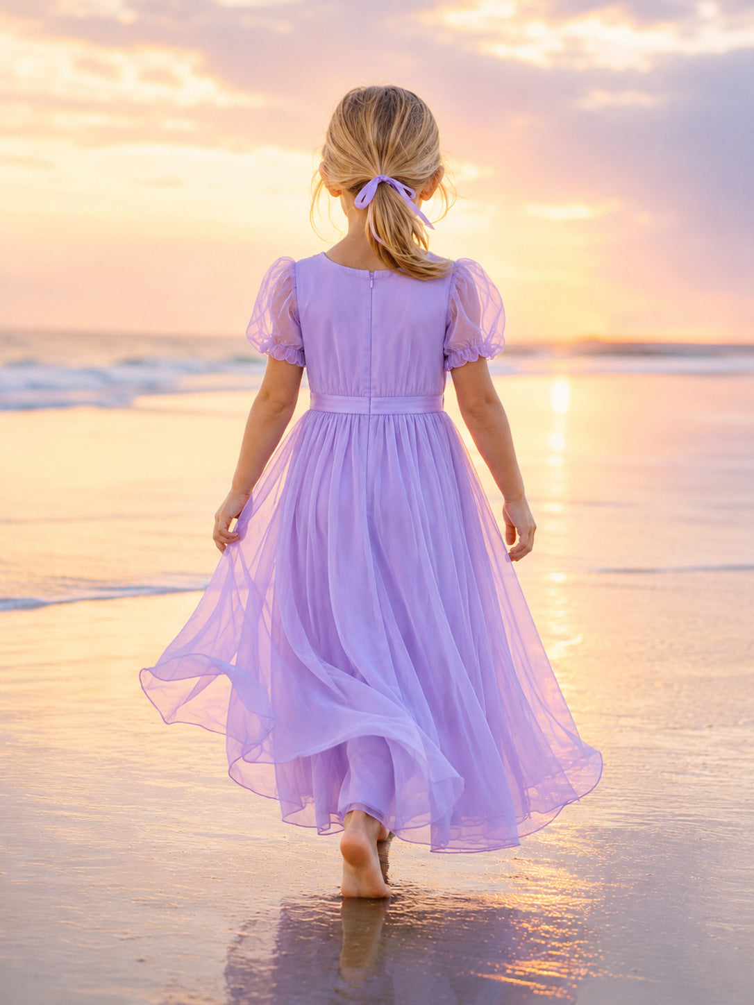 Lavender Puff Sleeve Tulle Flower Girl Dress back view