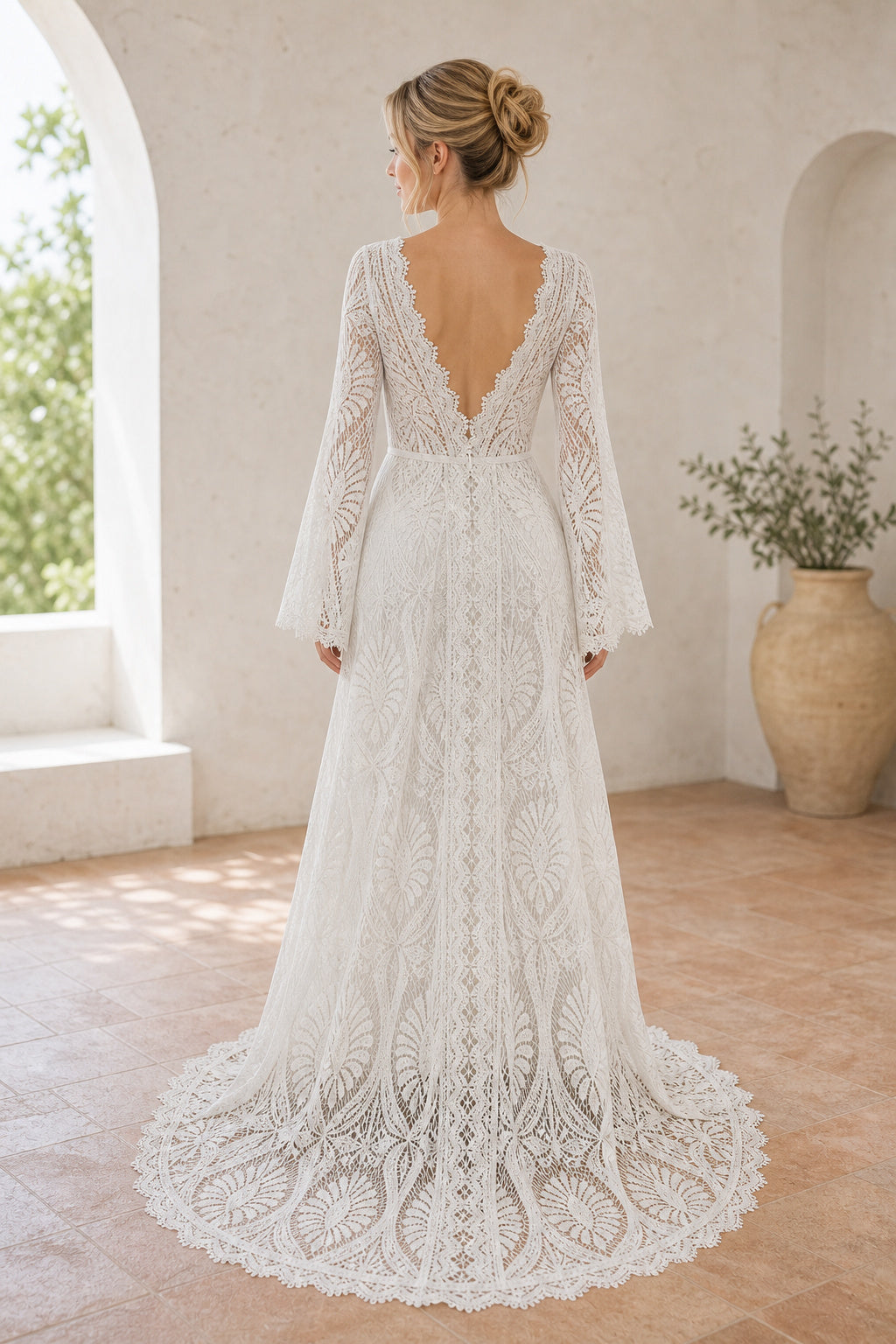 White Scoop Three-Quarter Sleeves A-Line Chiffon Floor-length Wedding Dress With Sweep Train and Open Back and Open Back Lace Hem Detail