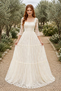 Square Neck Three Quarter Sleeve Tiered A-Line Wedding Dress with Lace Skirt for Beach Garden Ceremony front view