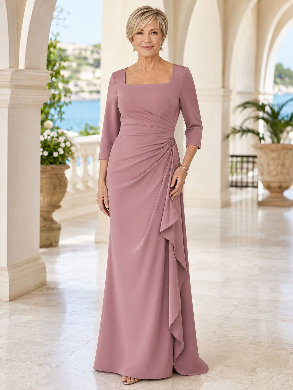 Dusty Rose Slimming Modern Mother Dress Square Neck Three-Quarter Sleeve Cascading Side Draped Sheath Floor-Length Gown front