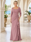 Dusty Rose Slimming Modern Mother Dress Square Neck Three-Quarter Sleeve Cascading Side Draped Sheath Floor-Length Gown front