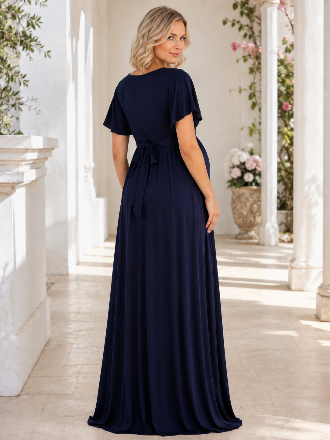 Dark Navy Nursing Friendly Maternity Wrap V-Neck Flutter Sleeve Jersey Maxi Dress back view